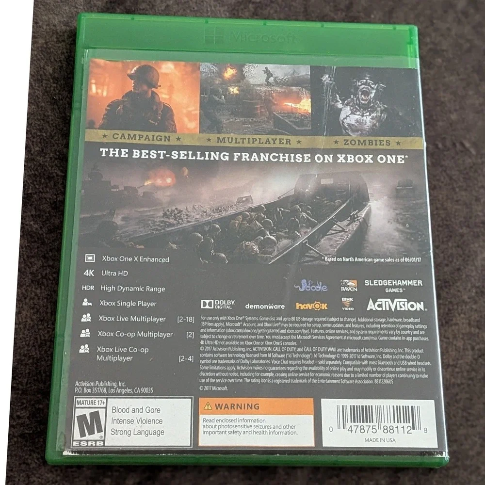Call of Duty WWII‎ Xbox One Activision 2017 FPS Video Game 4K HDR 047875881129